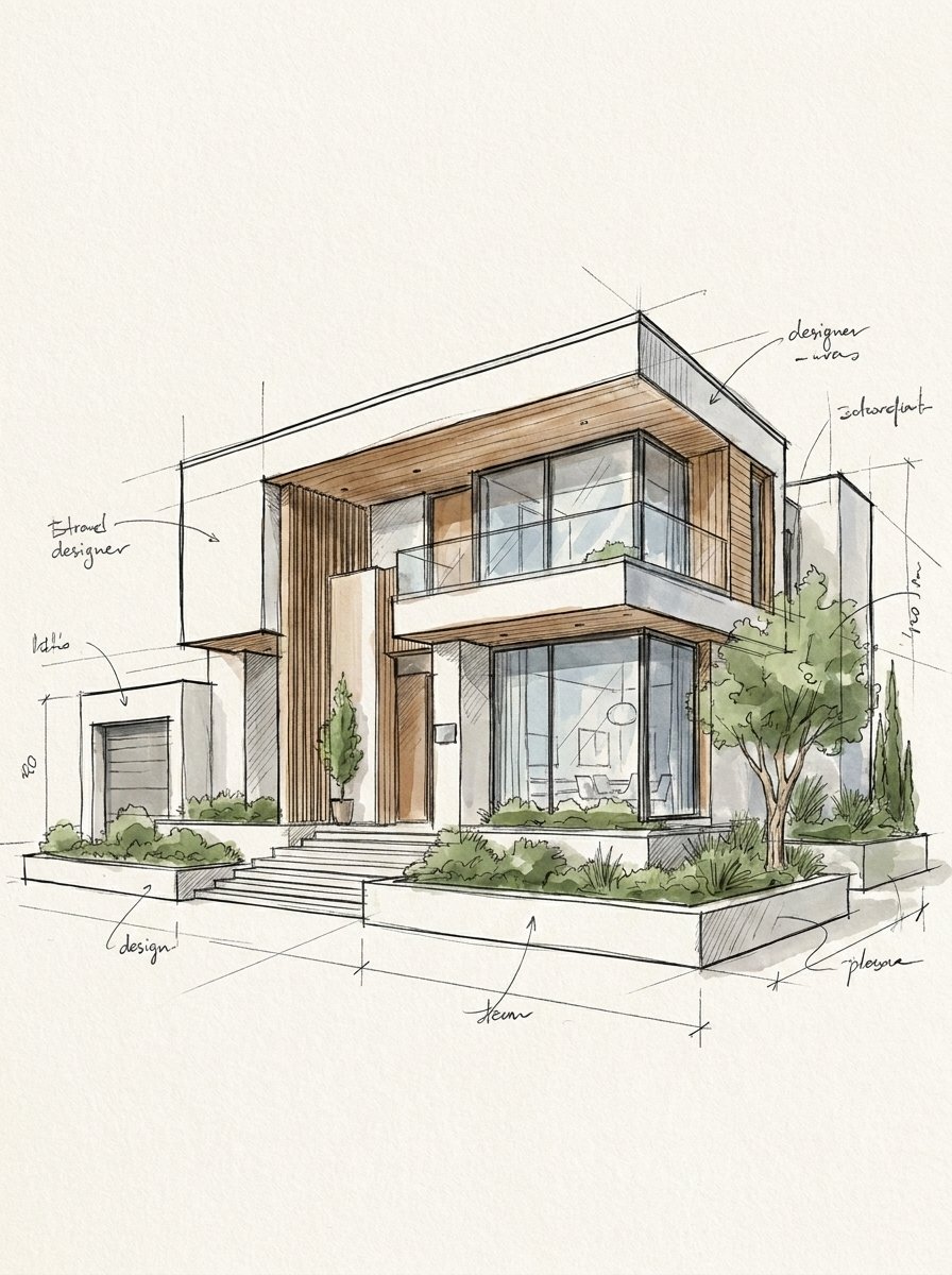 Hand-drawn sketch of a villa