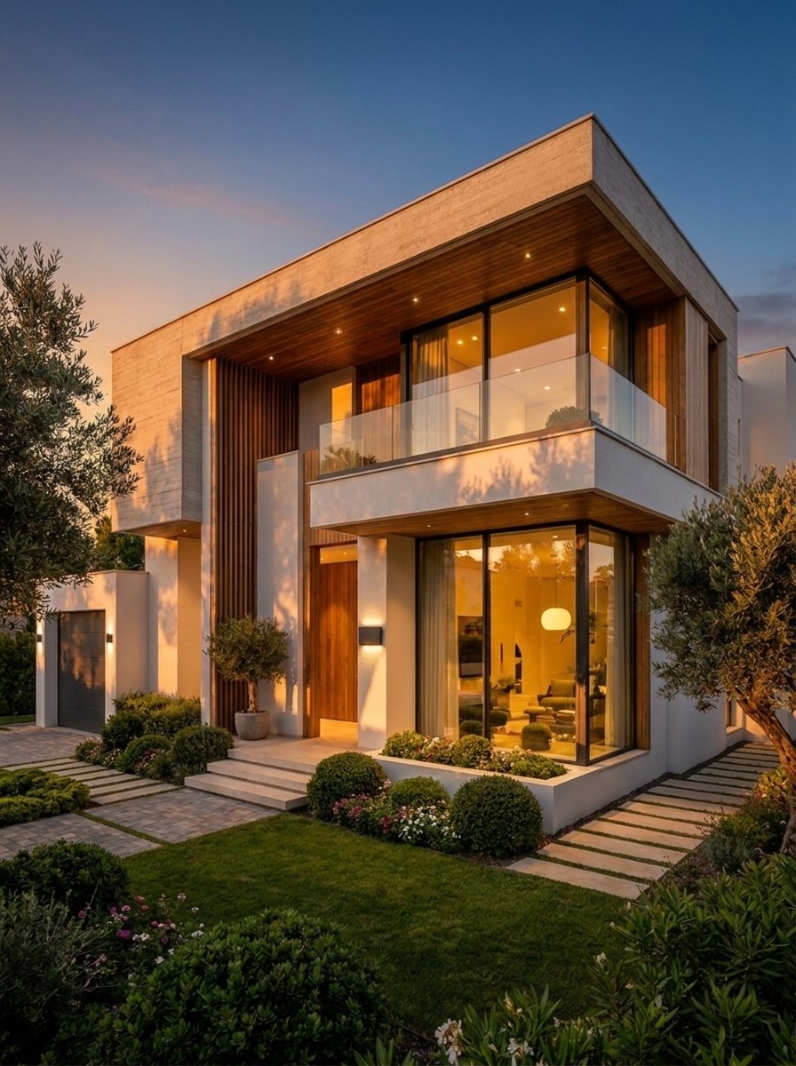 Same villa at dusk