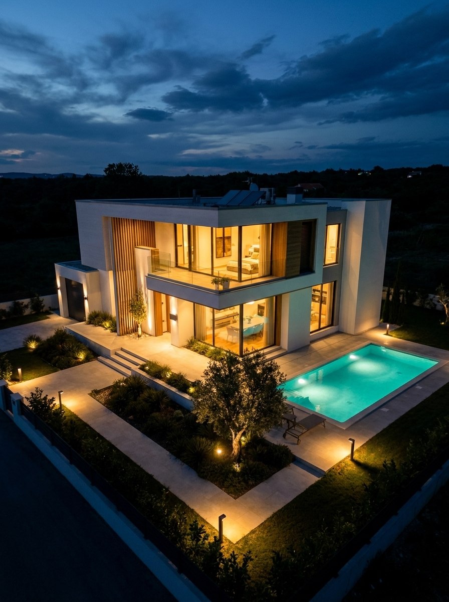 Villa at dusk, aerial view